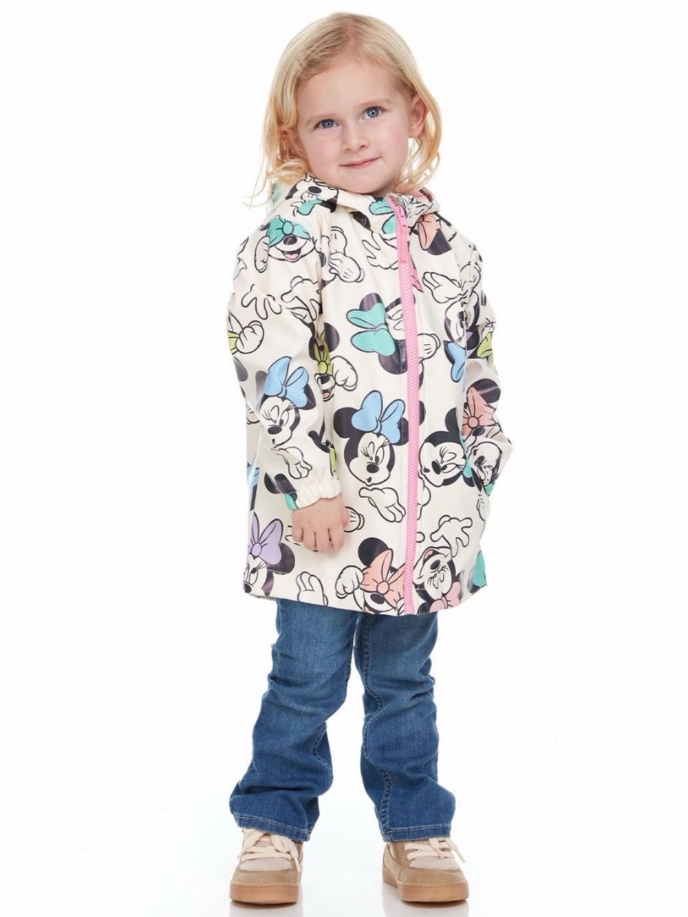 Disney Minnie Mouse Hooded Raincoat with Pastel Bows and Pink Zipper - Size 6/7
